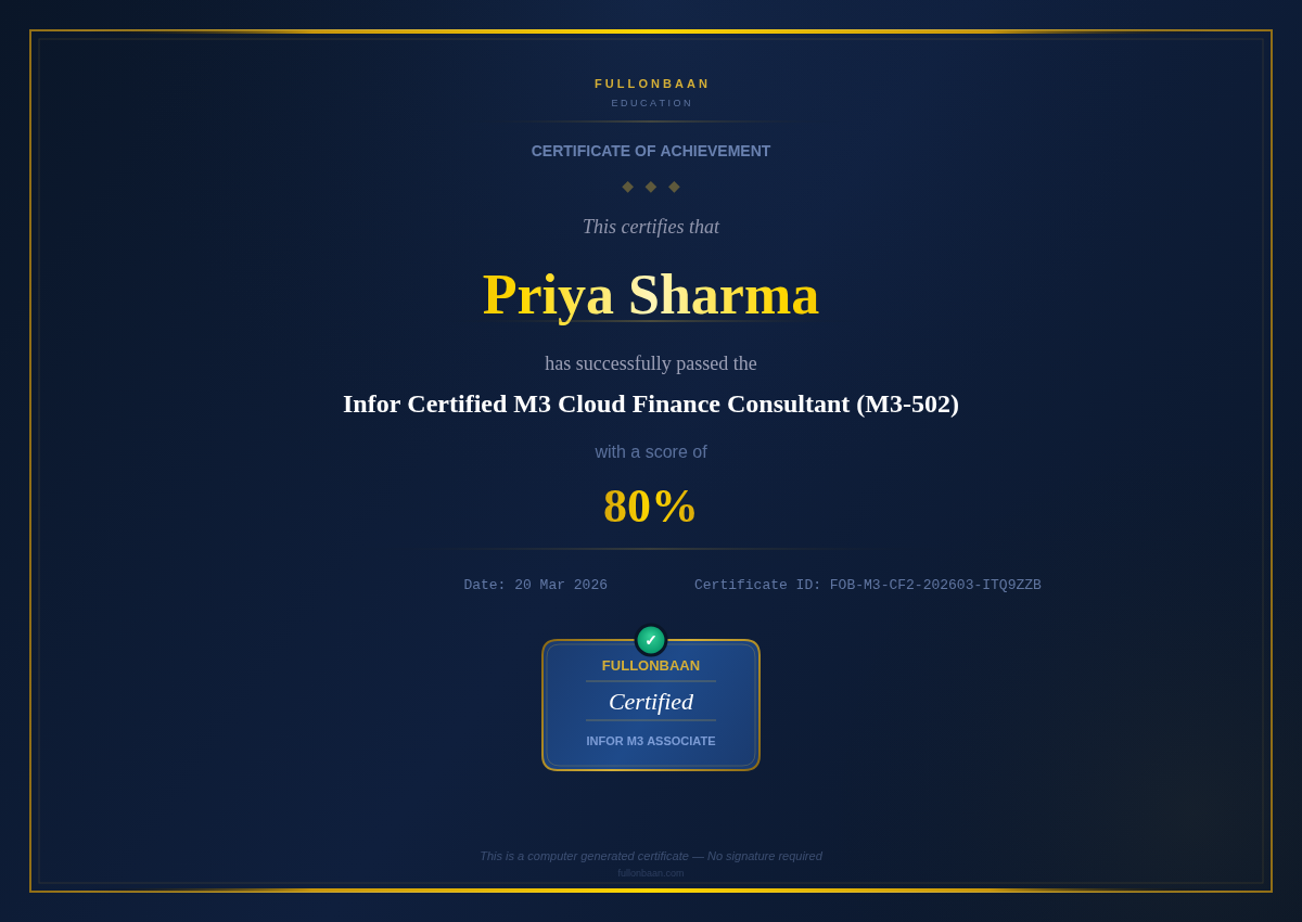 Sample FullOnBaan Certification Certificate